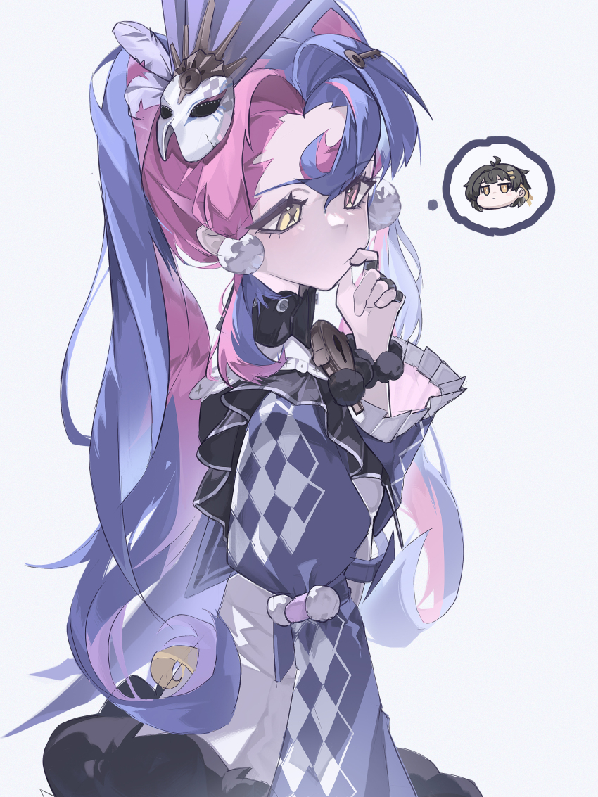 1girl absurdres black_collar blue_hair collar commentary eye_mask female_rover_(wuthering_waves) finger_to_mouth from_side heterochromia highres jewelry key_hair_ornament long_hair looking_ahead mask mask_on_head multicolored_hair multiple_rings pink_eyes pink_hair plabit ring roccia_(wuthering_waves) rover_(wuthering_waves) simple_background solo spoken_character symbol-shaped_pupils thinking two-tone_hair upper_body white_background wuthering_waves x-shaped_pupils yellow_eyes