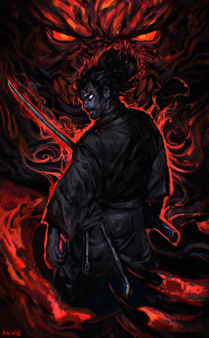 1boy anniechromes aura beard black_hair black_kimono blank_eyes blood blood_on_face cowboy_shot facial_hair high_ponytail highres holding holding_sword holding_weapon japanese_clothes katana kimono long_sleeves looking_at_viewer male_focus messy_hair miyamoto_musashi_(vagabond) oni parted_lips ponytail profile red_eyes red_theme scabbard sheath short_hair solo standing sword teeth vagabond weapon