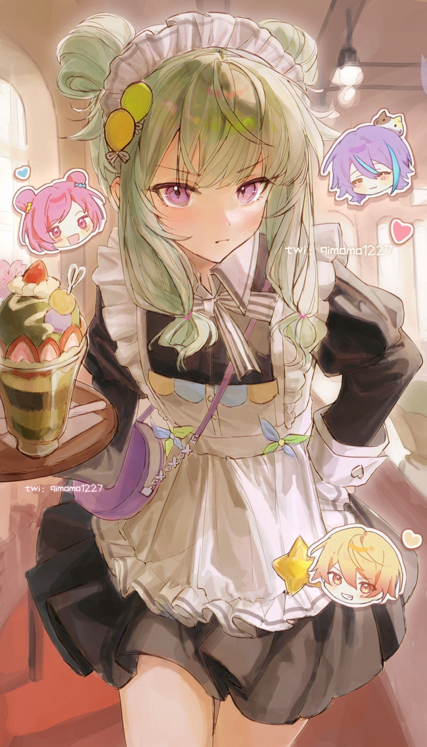 2boys 2girls absurdres alternate_costume apron black_dress blonde_hair blue_hair blush bow bowtie chibi chibi_inset closed_mouth commentary cowboy_shot double_bun dress food green_hair hair_bun hair_ornament hand_on_own_hip heart highres holding holding_tray ice_cream indoors kamishiro_rui kusanagi_nene long_sleeves looking_at_viewer maid maid_apron maid_headdress multicolored_hair multiple_boys multiple_girls official_alternate_hairstyle ootori_emu parfait pink_hair project_sekai puffy_sleeves purple_eyes qimomo1227 ribbon sidelocks smile_of_dreamer_(project_sekai) solo_focus sundae tenma_tsukasa tray white_apron white_bow white_bowtie wonderlands_x_showtime_(project_sekai)