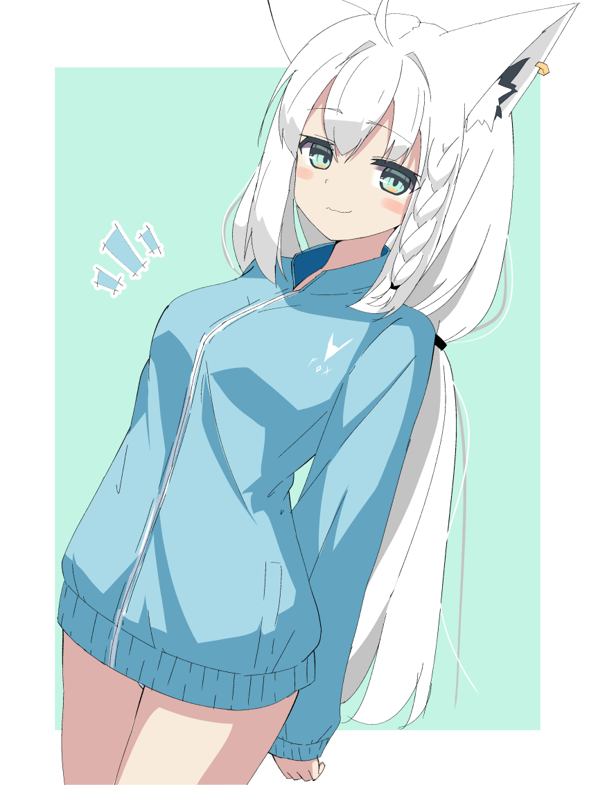 1girl absurdres ahoge animal_ear_fluff animal_ear_piercing animal_ears aqua_background aqua_eyes arms_behind_back blue_jacket blush_stickers border braid braided_sidelock closed_mouth commentary cowboy_shot dutch_angle fox_ears hair_intakes hair_ornament hair_scrunchie highres hololive jacket kanoe_nagi long_hair long_sleeves looking_at_viewer notice_lines ponytail scrunchie shirakami_fubuki simple_background smile solo very_long_hair white_border white_hair