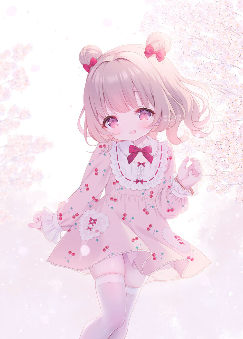 1girl :d blush bow branch brown_hair cherry_blossoms cherry_print chitosezaka_suzu commentary_request double_bun dress feet_out_of_frame flower food_print fruit_print hair_bow hair_bun hair_intakes highres long_sleeves looking_at_viewer open_mouth original pink_dress pink_flower print_dress puffy_long_sleeves puffy_sleeves red_bow red_eyes skindentation sleeves_past_wrists smile solo thighhighs twitter_username white_thighhighs