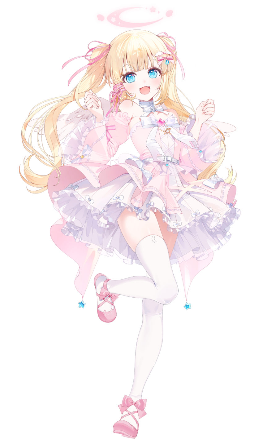 1girl :d a20_(atsumaru) bare_shoulders blonde_hair blue_eyes blush commentary_request detached_sleeves dress fang frilled_dress frilled_sleeves frills full_body hair_ribbon hands_up highres indie_virtual_youtuber looking_at_viewer official_art open_mouth pink_dress pink_ribbon pink_shoes pink_sleeves ribbon shoes simple_background skin_fang smile solo standing standing_on_one_leg thighhighs twintails virtual_youtuber white_background white_thighhighs wide_sleeves yuzuki_ruina