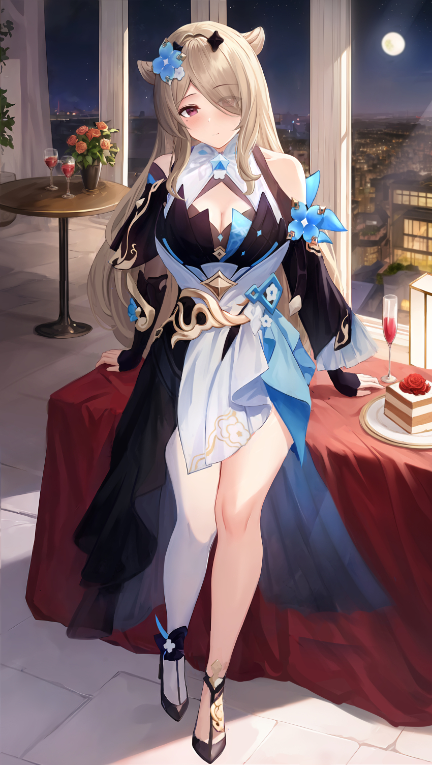 1girl absurdres animal_ears bare_shoulders black_gloves breasts brightlight brown_hair cake chinese_commentary cleavage commentary_request cow_ears dress fingerless_gloves food full_body full_moon gloves hair_over_one_eye high_heels highres honkai_(series) honkai_impact_3rd indoors large_breasts long_hair mole mole_under_eye moon night night_sky purple_eyes rita_rossweisse rita_rossweisse_(sweet_osmanthus) single_thighhigh sky smile solo table thighhighs two-tone_dress very_long_hair white_thighhighs