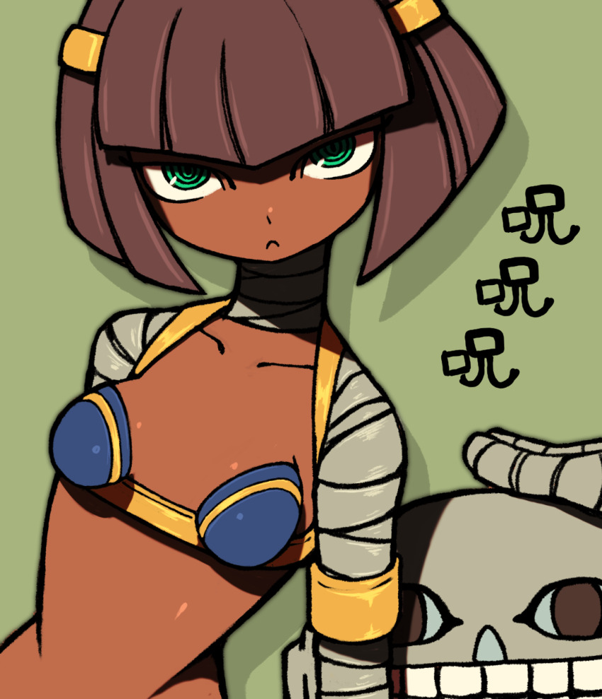 1girl :&lt; @_@ anakaris ancient_egyptian arm_wrap beeru_(veil8801) bob_cut brown_hair collarbone dark-skinned_female dark_skin darkstalkers facing_viewer frown genderswap green_background green_eyes hair_ornament highres khaibit looking_at_viewer midnight_bliss short_hair shrug_(clothing) upper_body