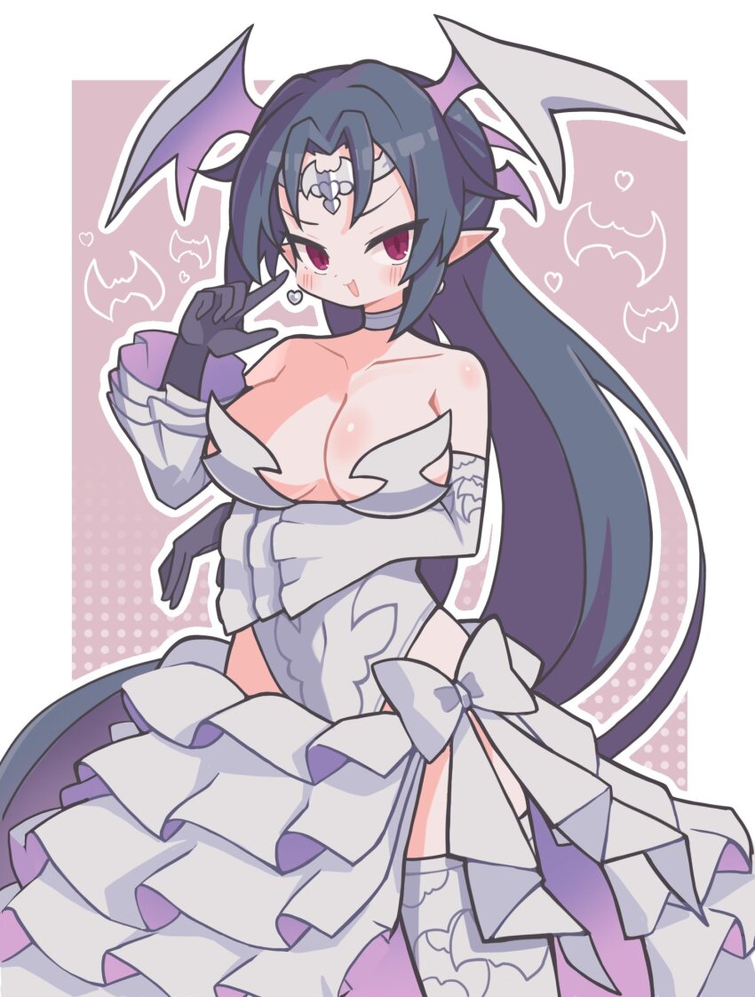 1girl :d bare_shoulders black_gloves black_hair blush border breasts choker cleavage commentary covered_navel cowboy_shot detached_sleeves disgaea dress gloves hand_up highres large_breasts long_hair looking_at_viewer makai_senki_disgaea_6 melodia_(disgaea) open_mouth outline outside_border pink_background pointy_ears smile solo strapless strapless_dress suaman thighhighs white_border white_choker white_dress white_outline white_sleeves white_thighhighs