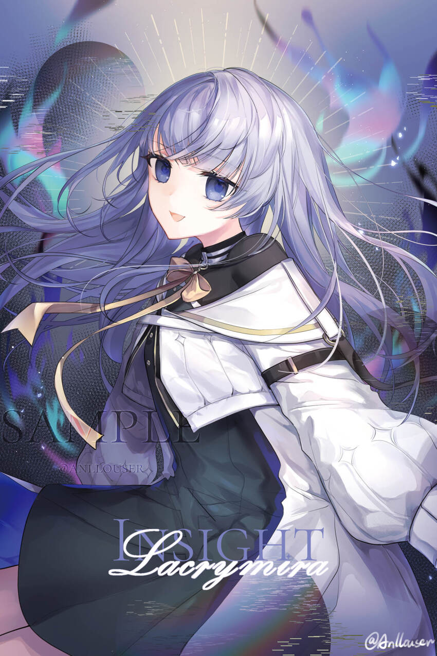 1girl absurdres anllouser arcaea black_dress black_pantyhose blue_eyes bow dress hair_between_eyes highres insight_(arcaea) insight_(designant)_(arcaea) jewelry long_sleeves pantyhose shirt sleeves_past_wrists smile solo watermark white_hair white_shirt wide_sleeves yellow_bow