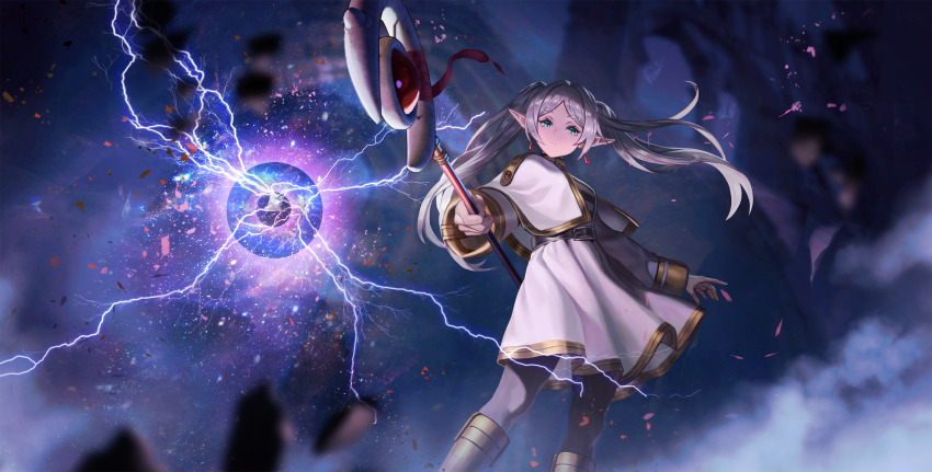 1girl belt belt_buckle black_belt black_pantyhose blurry blurry_background boots breasts brown_boots buckle capelet closed_mouth commentary_request depth_of_field earrings elf feet_out_of_frame fingernails floating_clothes floating_earrings floating_hair frieren gold_trim highres holding holding_staff jacket jewelry lightning long_hair looking_at_viewer mage_staff magic medium_breasts outstretched_arms pantyhose pointy_ears sakuraba_hiro serious shirt skirt solo sousou_no_frieren staff standing steam striped_clothes striped_shirt teardrop_earrings turning_head twintails white_capelet white_hair white_jacket white_skirt