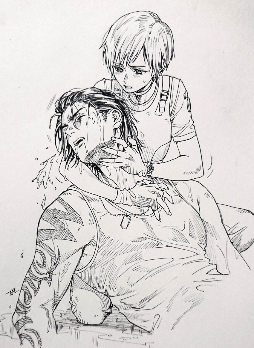 1boy 1girl absurdres arm_tattoo billy_coen dog_tags fingerless_gloves gloves greyscale highres jewelry monochrome namo necklace open_mouth rebecca_chambers resident_evil resident_evil_0 shirt short_hair shorts simple_background sleeveless sleeveless_shirt tattoo watch water wet white_background