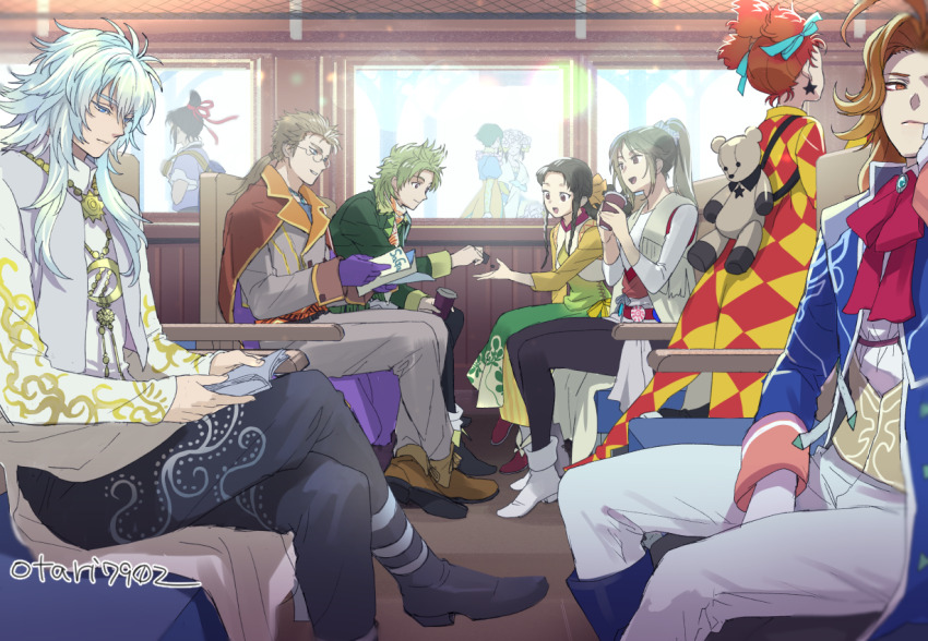 5boys 5girls asellus_(saga_frontier) closed_mouth dress ellen_carson green_hair indesign julian_naul long_hair multiple_boys multiple_girls open_mouth princess_white_rose protagonist_(romancing_saga_2) romancing_saga_2 romancing_saga_3 saga saga_frontier sarah_carson short_hair silence_(saga_frontier) sitting smile tatyana_(romancing_saga) thomas_bent