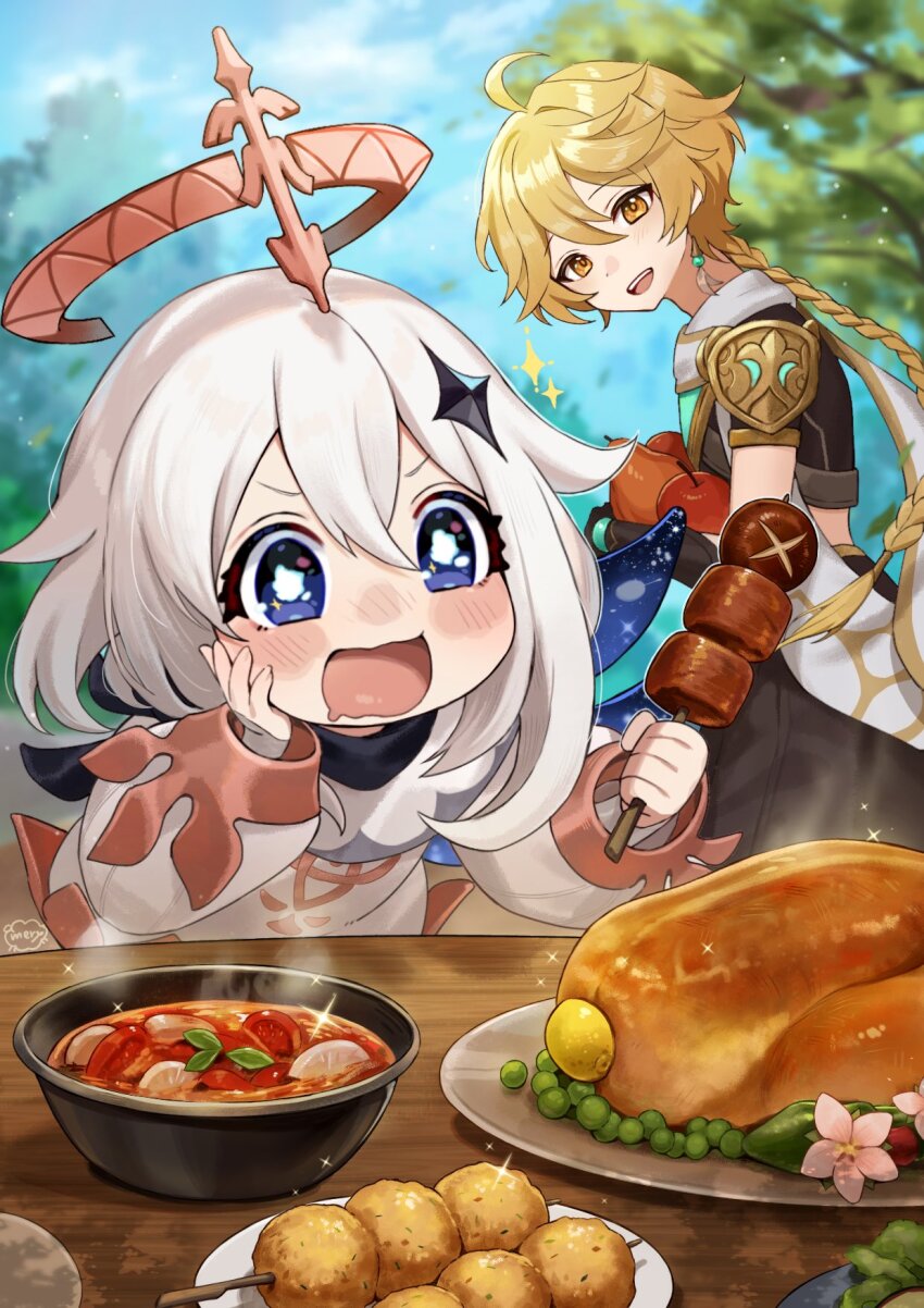 1boy 1girl :d aether_(genshin_impact) ahoge apple blonde_hair blue_eyes blue_sky bowl bracelet braid braided_ponytail diamond_hair_ornament drooling food fruit genshin_impact hair_between_eyes halo hand_on_own_cheek hand_on_own_face highres hitsujino_mery holding holding_food holding_fruit holding_skewer jewelry long_hair long_sleeves meat mouth_drool open_mouth outdoors paimon_(genshin_impact) plate skewer sky smile soup sparkle table tree white_hair