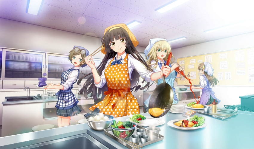 4girls :d apron arihara_tsubasa black-framed_eyewear black_hair blonde_hair blue_eyes blue_ribbon blunt_bangs bottle bow broccoli brown_hair bulletin_board cherry_tomato chopsticks cinderella_series closed_mouth collared_shirt cooking cup egg_(food) eyewear_on_head food frying_pan game_cg glasses green_eyes green_hair grey_skirt hachigatsu_no_cinderella_nine hair_bow hairband headscarf highres holding holding_bottle holding_chopsticks holding_frying_pan holding_plate holding_tray indoors ketchup ketchup_bottle kitchen ladle lens_flare lettuce long_hair long_sleeves looking_at_food multiple_girls nakano_ayaka neck_ribbon non-web_source nozaki_yuuki official_art omelet omurice open_mouth orange_hair over-rim_eyewear plaid_apron plaid_clothes plaid_skirt plate pleated_skirt polka_dot polka_dot_apron purple_eyes ribbon round_eyewear satogahama_school_uniform school_uniform semi-rimless_eyewear shirt short_hair skirt sleeves_rolled_up smile sparkle standing stove sweatdrop tomato tray tsukishima_yui_(hachigatsu_no_cinderella_nine) white_shirt winter_uniform yellow_bow yellow_eyes yellow_hairband