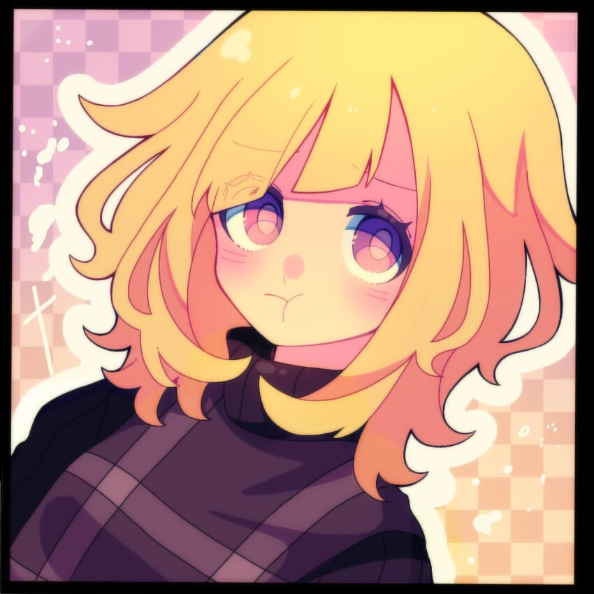 1girl :t black_border black_sweater blonde_hair blush border checkered_background closed_mouth commentary gradient_background highres medium_hair multicolored_eyes ohamihaeru plaid_clothes plaid_sweater_vest plaid_vest purple_eyes purple_sweater_vest solo sweater sweater_vest symbol-only_commentary upper_body urotsuki vest yume_2kki