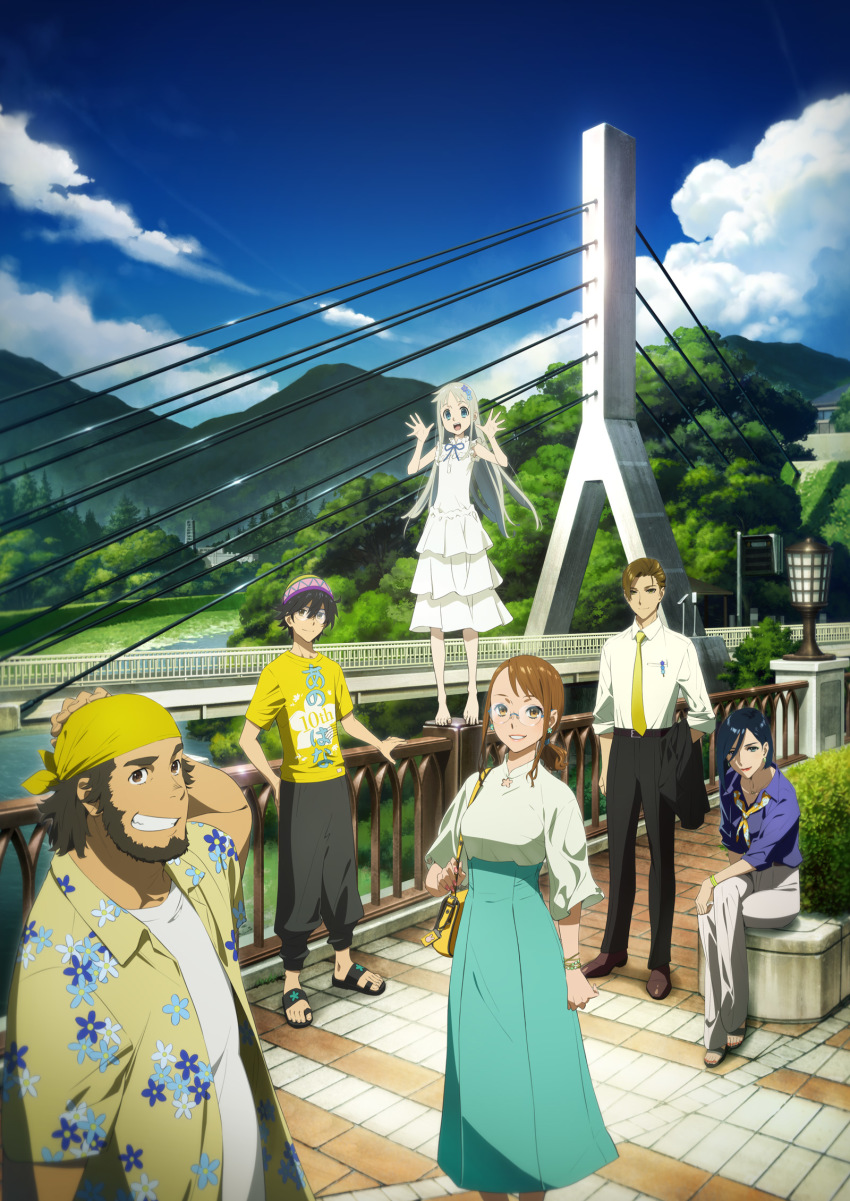 3boys 3girls :d aged_up anjou_naruko anniversary ano_hi_mita_hana_no_namae_wo_bokutachi_wa_mada_shiranai. aqua_eyes aqua_skirt arm_support asymmetrical_bangs asymmetrical_hair bag baggy_pants beanie beard black_footwear black_hair black_pants black_suit blue_shirt blue_sky blunt_ends bracelet bridge brown_eyes brown_footwear brown_hair building closed_mouth cloud cloudy_sky collared_shirt crossed_legs day dress earrings facial_hair floral_print flower flower_earrings forest formal_clothes frilled_dress frills gazebo glasses green_shirt grin hair_flower hair_ornament hands_up hat headscarf high-waist_skirt highres hisakawa_tetsudou honma_meiko jewelry key_visual lamppost leaning_back lipstick long_hair long_skirt long_sleeves looking_at_viewer makeup matsuyuki_atsumu medium_hair mountain multicolored_headwear multiple_boys multiple_girls nail_polish nature neckerchief necktie official_art open_clothes open_mouth open_shirt outdoors pants pink_lips pink_nails ponytail print_shirt promotional_art red_lips river round_teeth scenery shadow shirt shirt_under_shirt shoes short_sleeves shoulder_bag sidelocks silver_hair sitting skirt sky sleeveless sleeveless_dress slippers smile standing suit tanaka_masayoshi teeth toenail_polish toenails tsurumi_chiriko upper_teeth_only white_dress white_pants white_shirt yadomi_jinta yellow_bag yellow_eyes yellow_headscarf yellow_headwear yellow_neckwear yellow_shirt