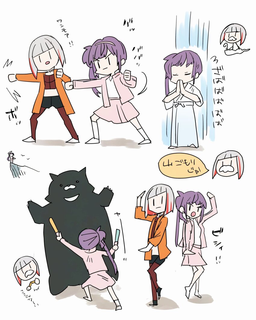 2girls :o :| bear black_shorts bob_cut chibi chibi_only cliff closed_eyes closed_mouth coat colored_speech_bubble commentary_request cropped_shirt diagonal_bangs fake_facial_hair fake_mustache glowstick grey_hair highres holding holding_glowstick inverted_bob jacket japanese_clothes kanduki_kamibukuro kimono link!_like!_love_live! long_sleeves love_live! medium_skirt midriff multicolored_hair multiple_girls multiple_views official_alternate_costume on_cloud open_clothes open_coat open_jacket orange_coat otomune_kozue otomune_kozue_(winter_training_wear) palms_together pantyhose pantyhose_under_shorts penlight_(glowstick) pink_jacket pleated_skirt punching purple_hair red_hair red_pantyhose red_shirt shirt short_hair short_shorts short_sleeves shorts side_ponytail sidelocks skirt speech_bubble standing streaked_hair training translation_request ultra_orange v-shaped_eyebrows virtual_youtuber water waterfall waterfall_shower white_kimono white_shirt yugiri_tsuzuri yugiri_tsuzuri_(winter_training_wear) yukata |_|
