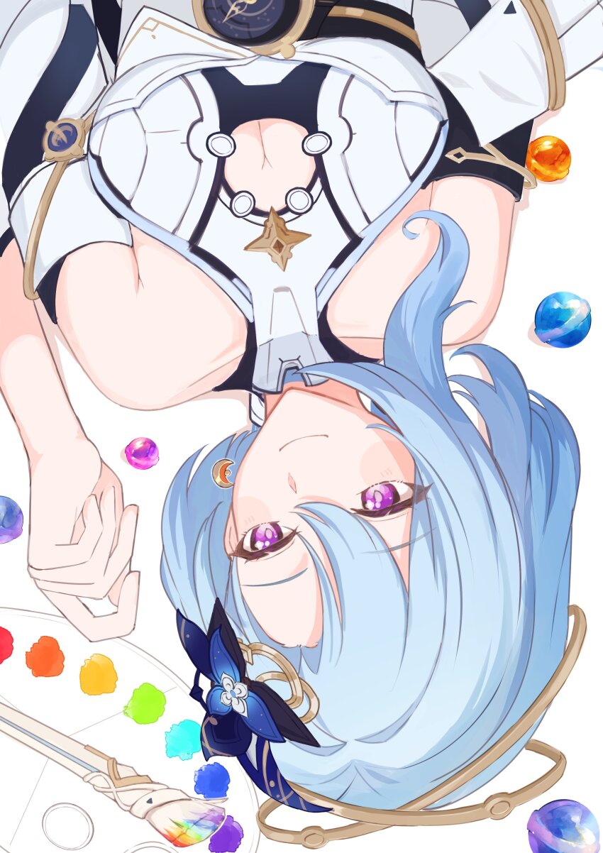1girl absurdres bare_shoulders blue_hair breasts cleavage cleavage_cutout closed_mouth clothing_cutout commentary_request earrings griseo griseo_(cosmic_expression) hair_between_eyes highres honkai_(series) honkai_impact_3rd jewelry light_blue_hair lying on_back paint paintbrush paint_palette purple_eyes sazisazi50 smile solo
