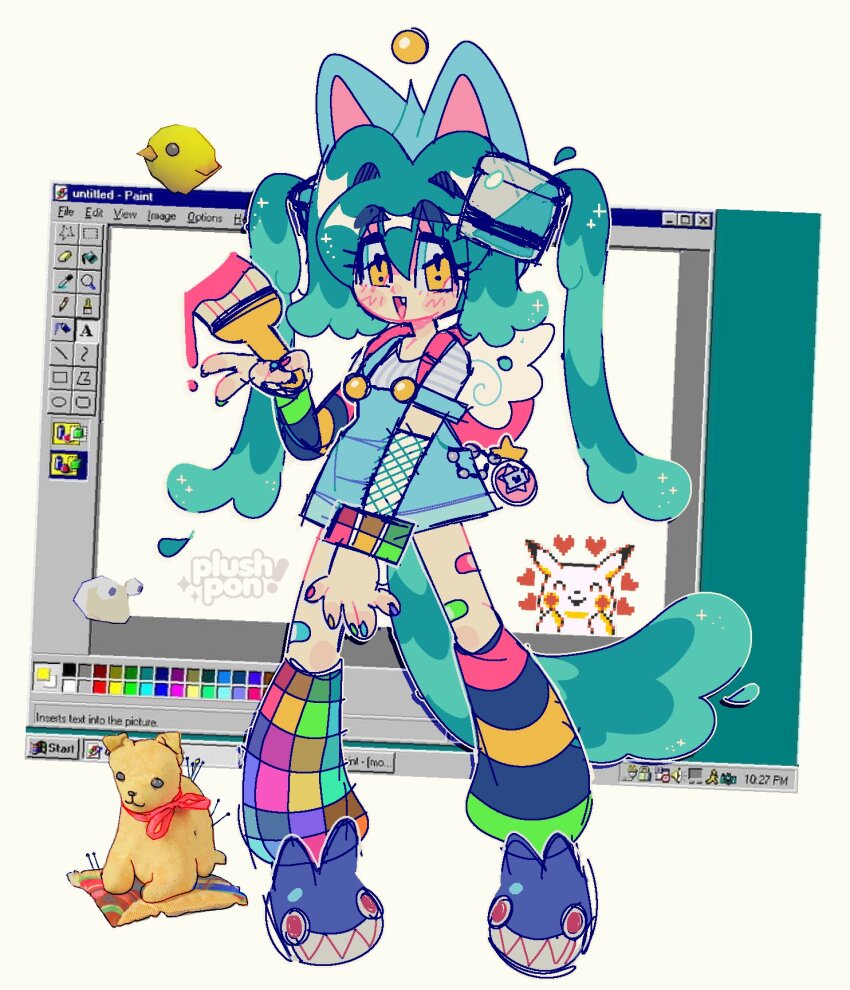 !-shaped_pupils 1girl aim_(messenger) animal_ears aqua_hair bandaid cat_ears cat_girl cat_tail charm_(object) commentary desktop_(computing) english_commentary full_body gen_1_pokemon highres holding holding_paintbrush jaltoid leg_warmers long_hair looking_at_viewer microsoft_paint_(software) microsoft_windows nail_polish nintendo original overalls paintbrush pikachu pokemon pokemon_rgby solo standing stuffed_animal stuffed_toy symbol-shaped_pupils tail tamagotchi tamagotchi_(classic) tamagotchi_(virtual_pet) taskbar twintails virtual_pet_(toy) window_(computing) windows_95 windows_classic wings yellow_eyes