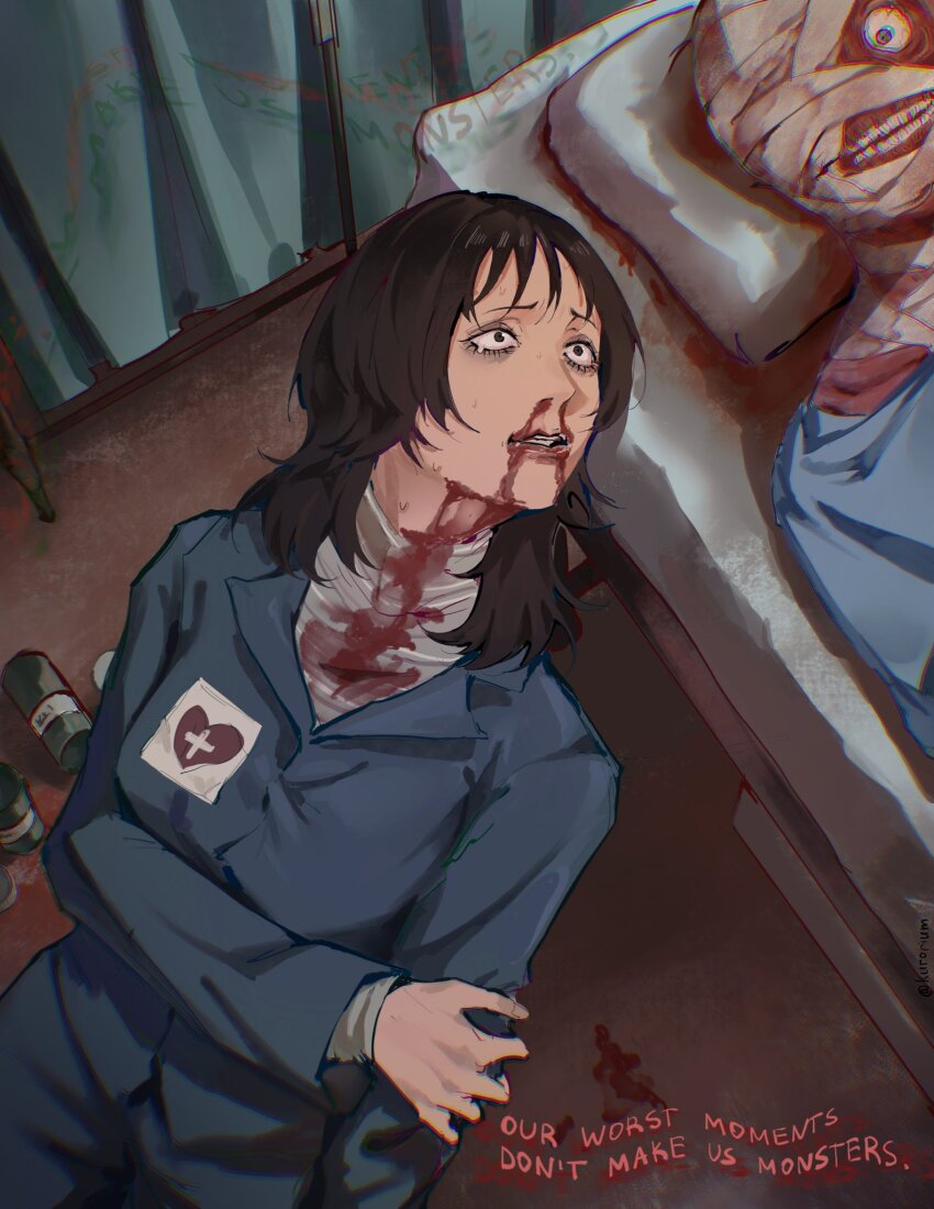 1boy 1girl anya_(mouthwashing) bandaged_head bandaged_neck bandages bed black_hair blood blood_on_clothes blood_on_face blue_jacket blue_pants curly_(mouthwashing) english_text highres hospital_bed injury jacket kurorium medium_hair mouthwashing nosebleed on_bed open_clothes pants pillow tears teeth upper_body wide-eyed