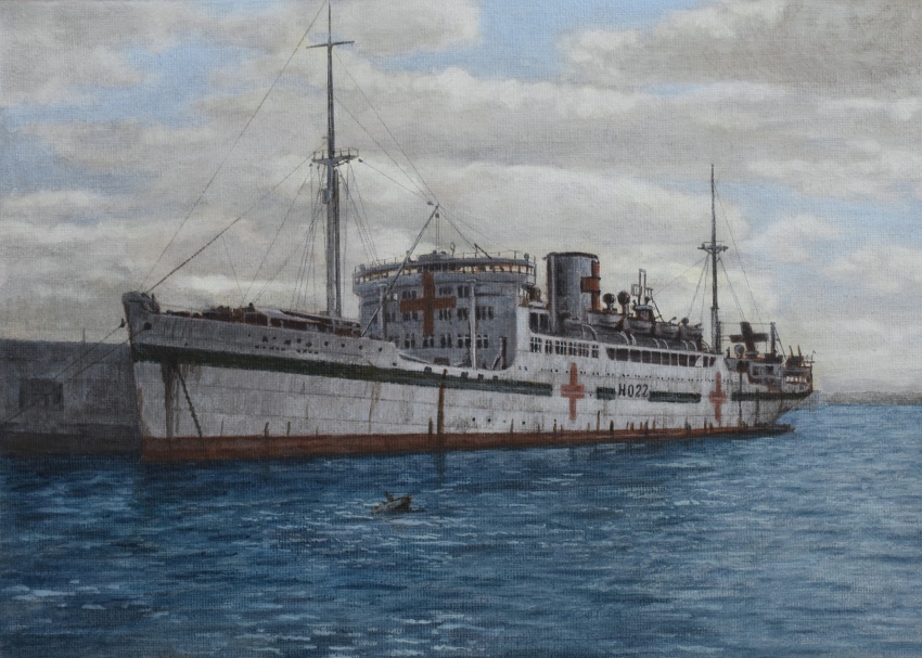 absurdres acrylic_paint_(medium) atelier_bono crane_(machine) cross highres hikawa_maru_(hospital_ship) hospital_ship mast no_humans ocean original painting_(medium) port red_cross rust ship sky smokestack traditional_media vehicle_focus watercraft