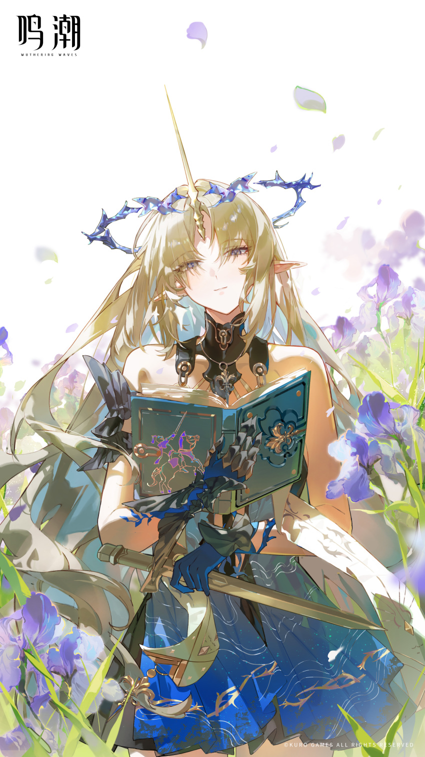 1girl absurdres bare_shoulders black_collar black_dress blonde_hair blue_eyes blue_hair blue_tabard book breasts chinese_commentary closed_mouth collar colored_inner_hair commentary_request copyright_notice cowboy_shot crown_of_thorns dress earrings fleurdelys_(wuthering_waves) floating_earrings highres holding holding_book holding_sword holding_weapon horns jewelry large_breasts light_smile logo long_hair long_horns looking_at_viewer multicolored_hair necklace official_art open_book pointy_ears sidelocks single_horn solo sword tabard tacet_mark_(wuthering_waves) very_long_hair weapon wuthering_waves yellow_horns