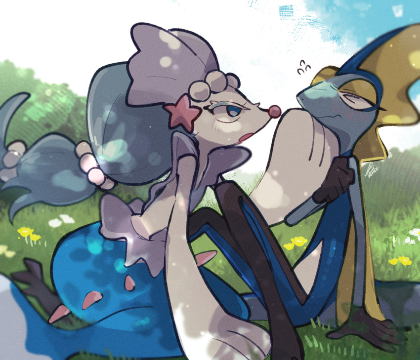 &gt;_&lt; 1boy 1girl :o bad_tag black_skin blue_eyes blue_hair blue_skin blush closed_mouth cloud cloudy_sky colored_eyelashes colored_skin fins full_body furry furry_female furry_male gem gen_7_pokemon gen_8_pokemon hair_ornament head_fins helmet highres inteleon lizard_tail long_hair looking_at_another mermaid monster_girl multi-tied_hair nintendo on_grass open_mouth outdoors pearl_(gemstone) pearl_hair_ornament pokemon pokemon_(creature) primarina reptile_boy sea_lion sky snout sstoh starfish_hair_ornament tail