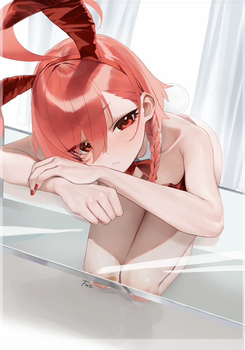 1girl :/ absurdres ahoge animal_ear_hairband animal_ears areola_slip arm_rest ass bare_legs blue_archive blush braid collarbone fake_animal_ears fake_tail fingernails glass_table hairband head_rest highres huge_ahoge indoors kneeling leotard looking_at_viewer mole mole_under_each_eye mole_under_eye multiple_moles nail_polish neru_(blue_archive) neru_(bunny)_(blue_archive) no_halo not_forever2w official_alternate_costume orange_hair playboy_bunny rabbit_ear_hairband rabbit_ears rabbit_tail red_eyes red_leotard single_braid solo strapless strapless_leotard table tail