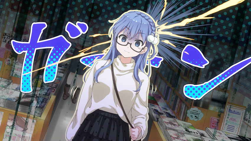 1girl 22/7 22/7_ongaku_no_jikan bag black-framed_eyewear black_skirt blue_hair book book_stack bookshelf bookstore braid closed_mouth crooked_eyewear dazed dutch_angle empty_eyes game_cg glasses hair_ornament hair_ribbon highres indoors light_blue_hair lightning_background maruyama_akane newtype_flash non-web_source official_art rectangular_eyewear ribbon semi-rimless_eyewear shirt shop shoulder_bag single_braid skirt solo sound_effects teardrop turn_pale under-rim_eyewear white_shirt