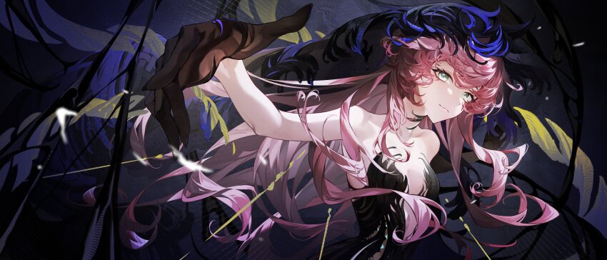 1girl absurdres aqua_eyes bare_arms bare_shoulders black_dress black_hands black_veil blue_veil breasts cheongdan_t colored_extremities dark_background dress floating_hair highres long_hair looking_at_viewer medium_breasts nautika_(reverse:1999) outstretched_arm outstretched_hand pink_hair plunging_neckline reverse:1999 smile solo strapless strapless_dress two-tone_veil upper_body veil very_long_hair