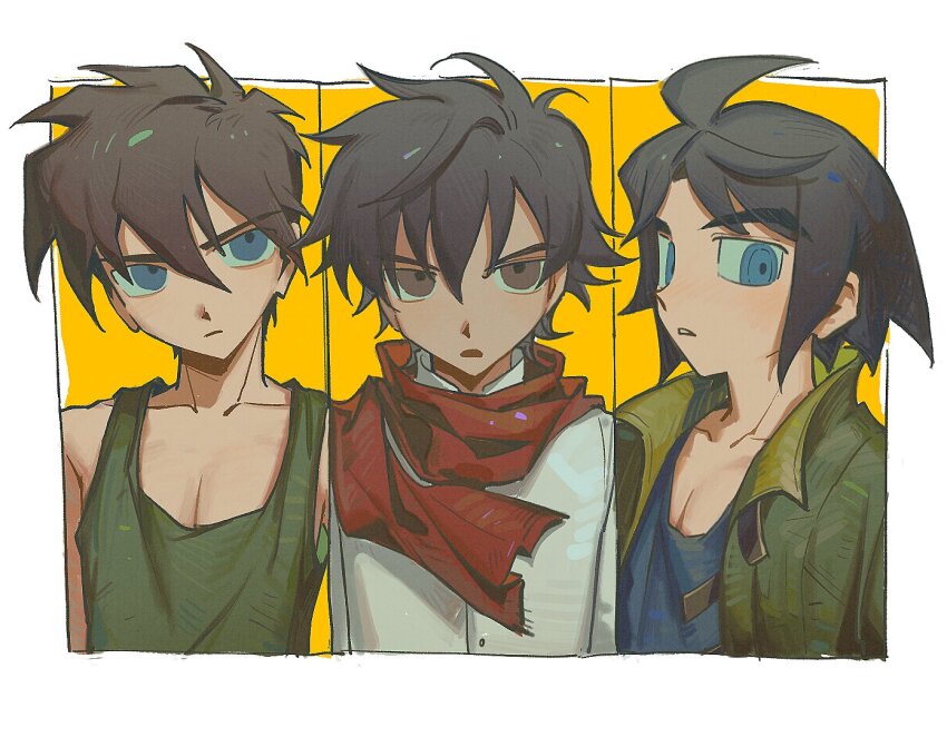3boys bbbbbaasos black_hair blue_eyes blue_tank_top brown_eyes brown_hair closed_mouth commentary_request green_tank_top gundam gundam_00 gundam_tekketsu_no_orphans gundam_wing hair_between_eyes heero_yuy jacket male_focus mikazuki_augus multiple_boys open_clothes open_jacket open_mouth parted_lips red_scarf scarf setsuna_f._seiei simple_background spiked_hair tank_top upper_body