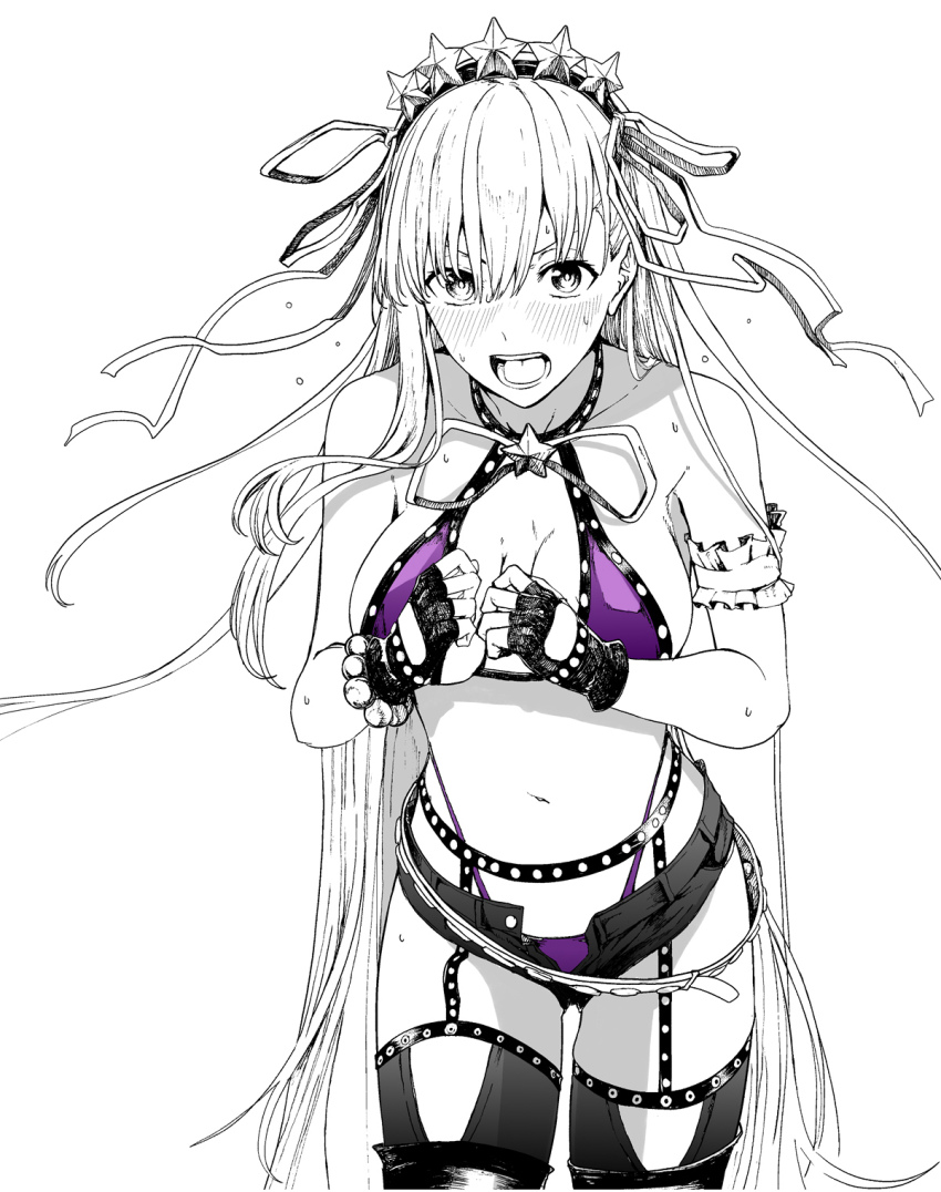 1girl bare_shoulders bb_(fate) bb_(swimsuit_mooncancer)_(fate) bb_(swimsuit_mooncancer)_(second_ascension)_(fate) bead_bracelet beads bikini blush bracelet breasts cleavage collarbone fate/grand_order fate_(series) fingerless_gloves garter_belt gloves greyscale hair_ornament hair_ribbon hairband highres jewelry large_breasts long_hair looking_at_viewer micro_shorts monochrome navel neck_ribbon open_mouth purple_bikini ribbon shorts solo spot_color star_(symbol) star_hair_ornament studded_garter_belt swimsuit syatey thighhighs thighs very_long_hair