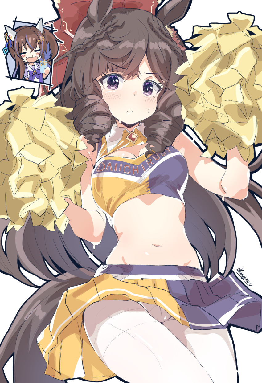 2girls alternate_costume animal_ears black_hair blood blush breasts cheerleader cleavage closed_eyes closed_mouth collarbone commentary_request daiichi_ruby_(umamusume) daitaku_helios_(umamusume) hair_ornament highres horse_ears kannagiray long_hair looking_at_viewer multiple_girls nosebleed open_mouth pantyhose pom_pom_(cheerleading) purple_eyes school_uniform small_breasts tracen_school_uniform umamusume white_background