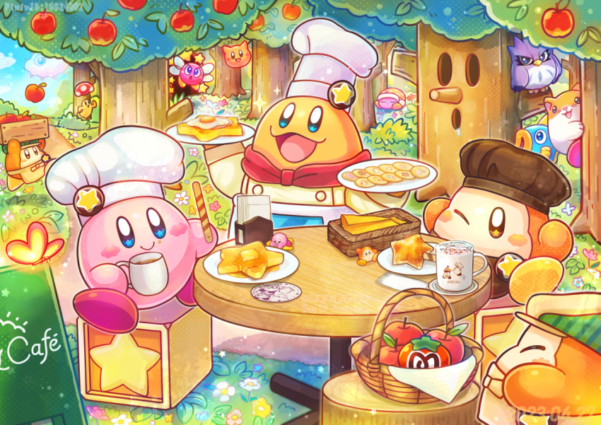 apple bronto_burt bug butterfly butterfly_wings cappy_(kirby) chef_hat chef_kawasaki colored_skin coo_(kirby) cookie cup dated flower food fruit hat insect insect_wings kine_(kirby) kirby kirby_(series) kirby_cafe kracko kumaoka_pon maxim_tomato mug nintendo no_humans noddy_(kirby) one_eye_closed open_mouth pancake pink_skin rick_(kirby) scarfy sitting smile solid_oval_eyes star_(symbol) waddle_dee whispy_woods wings