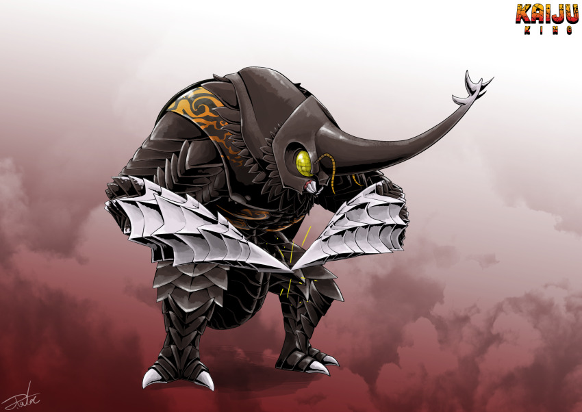 absurdres antennae beetle bug commentary compound_eyes drill_hand english_commentary english_text full_body godzilla_(series) godzilla_vs._megalon_(1973) gradient_background gugenheim98 highres horns insect kaiju megalon monster monster_focus no_humans rhinoceros_beetle signature single_horn solo sparks standing teeth toho tokusatsu yellow_eyes