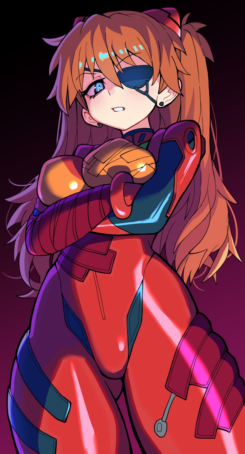 1girl absurdres arms_under_breasts blue_eyes bodysuit breasts bright_pupils brown_hair clenched_teeth cowboy_shot crossed_arms curvy earrings evangelion:_3.0_you_can_(not)_redo eyepatch from_below gluteal_fold gradient_background hair_between_eyes hairpods hanging_breasts highres interface_headset_(evangelion) jewelry large_breasts light_blush long_hair looking_at_viewer looking_down mecha_pilot_suit neon_genesis_evangelion plugsuit_(evangelion) rebuild_of_evangelion red_bodysuit skin_tight slammo solo souryuu_asuka_langley standing stud_earrings teeth tsundere v-shaped_eyebrows very_long_hair white_pupils wide_hips