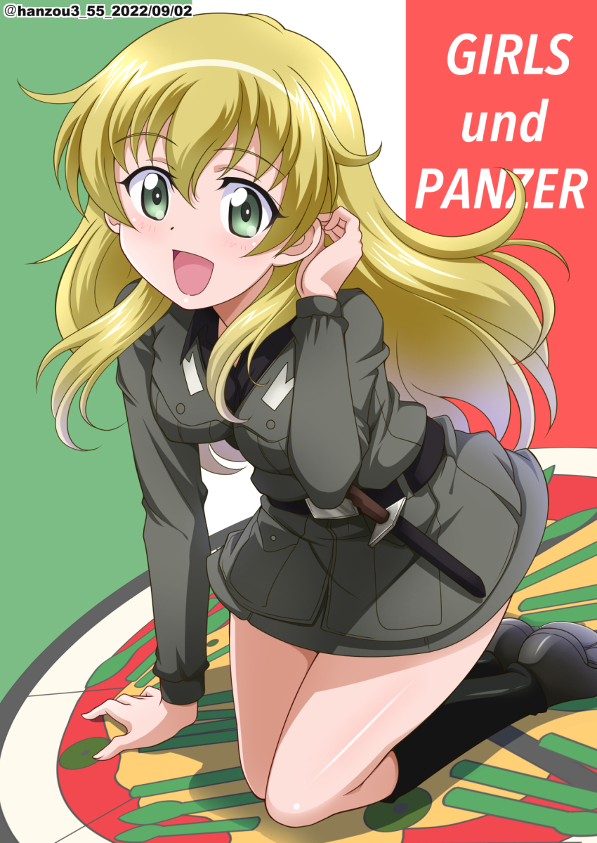1girl :d anzio_(emblem) anzio_military_uniform arm_support belt black_belt black_boots black_shirt blonde_hair boots carpaccio_(girls_und_panzer) commentary_request copyright_name dated dress_shirt emblem flag_background girls_und_panzer green_eyes grey_jacket grey_skirt hand_in_own_hair hanzou highres italian_flag jacket kneeling knife leaning_forward long_hair long_sleeves looking_at_viewer military military_uniform miniskirt open_mouth partial_commentary shadow shirt skirt smile solo twitter_username wing_collar