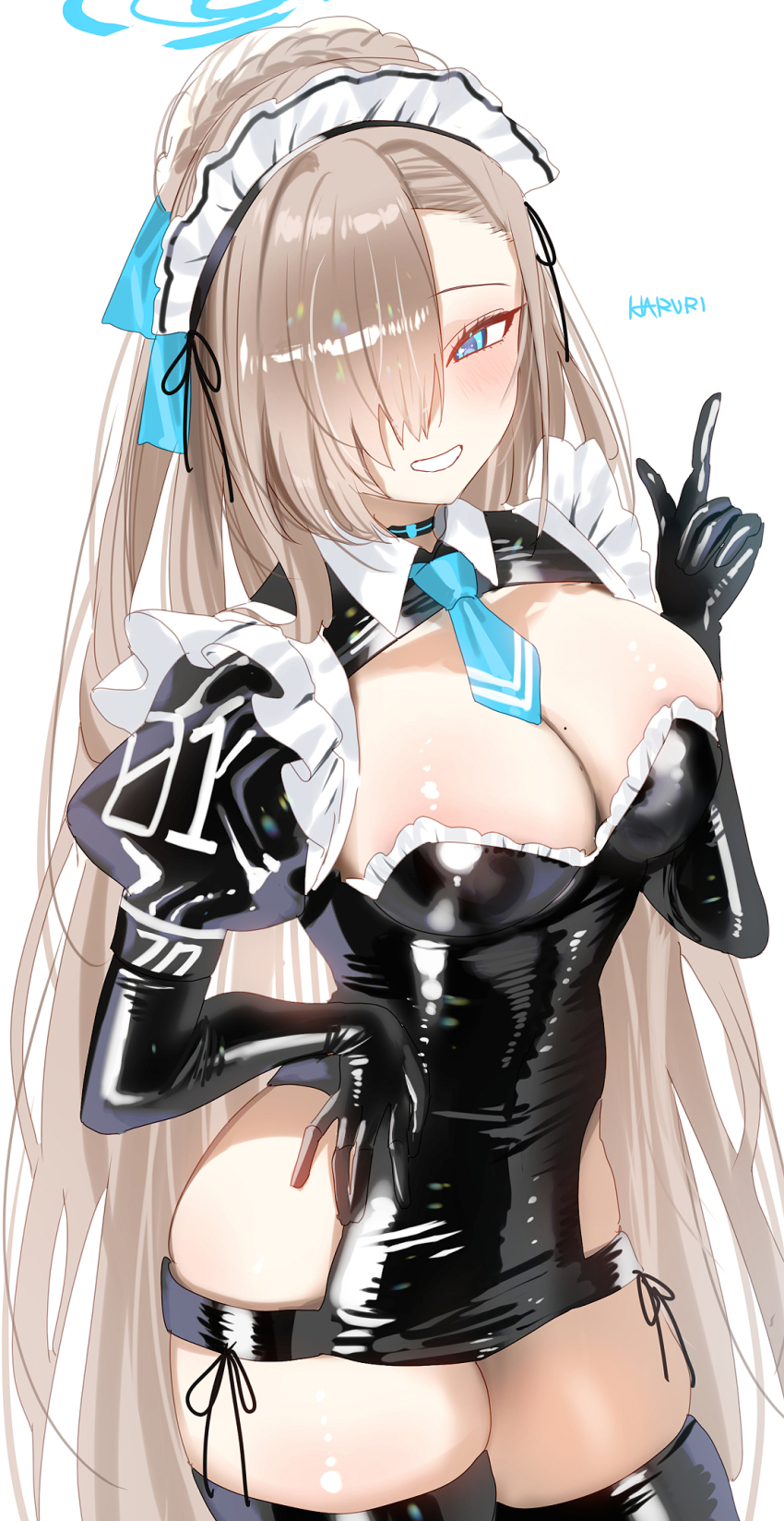1girl asuna_(blue_archive) blue_archive breasts cleavage elbow_gloves gloves haruri highres large_breasts light_brown_hair long_hair looking_at_viewer maid simple_background smile solo
