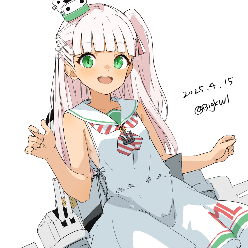 1girl absurdres bigkwl cannon dated dress green_eyes hair_ribbon highres kantai_collection long_hair looking_at_viewer low-cut_armhole maestrale_(kancolle) neckerchief one_side_up open_mouth ribbon rigging sailor_dress ship_turret sleeveless sleeveless_dress solo striped_neckerchief white_background white_dress white_hair