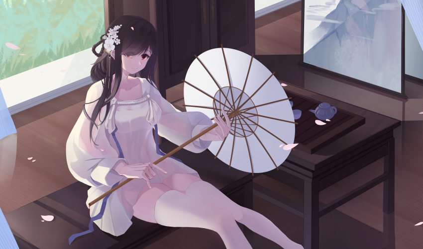 1girl absurdres azur_lane braid braided_hair_rings chinese_clothes dress feet_out_of_frame flower hair_flower hair_ornament hair_rings hanfu highres holding holding_umbrella indoors long_hair looking_at_viewer official_alternate_costume official_alternate_hairstyle oil-paper_umbrella pink_petals qixiong_ruqun red_eyes see-through_clothes see-through_sleeves sitting solo tea_set thighhighs umbrella wan_huaxi white_dress white_flower white_thighhighs white_umbrella yat_sen_(azur_lane) yat_sen_(paragon_of_celestial_grace)_(azur_lane)