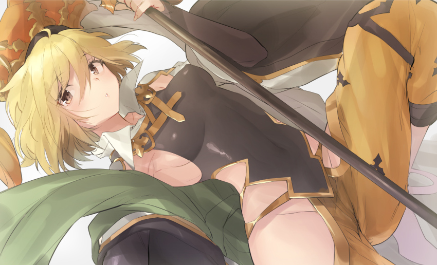 1girl blonde_hair breasts brown_eyes djeeta_(granblue_fantasy) dutch_angle female_focus hat looking_at_viewer naso4 parted_lips short_hair sideboob simple_background solo staff thighs white_background