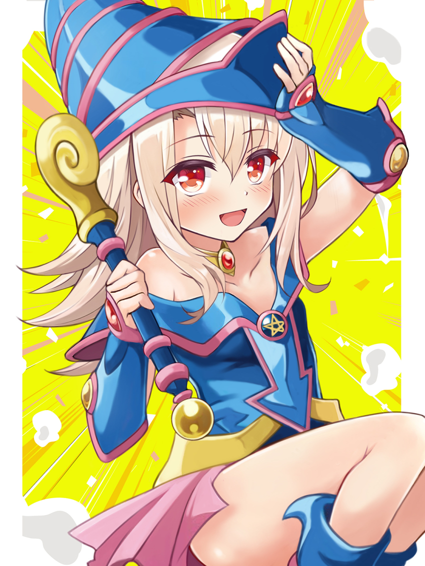 1girl bare_shoulders blue_boots blue_dress blue_hat blush boots breasts cosplay dark_magician_girl dark_magician_girl_(cosplay) detached_sleeves dress fate/kaleid_liner_prisma_illya fate_(series) hat highres illyasviel_von_einzbern long_hair looking_at_viewer mochi_(k620803n) open_mouth pentacle pink_skirt red_eyes revision showgirl_skirt skirt small_breasts smile solo wand white_hair wizard_hat yu-gi-oh! yu-gi-oh!_duel_monsters