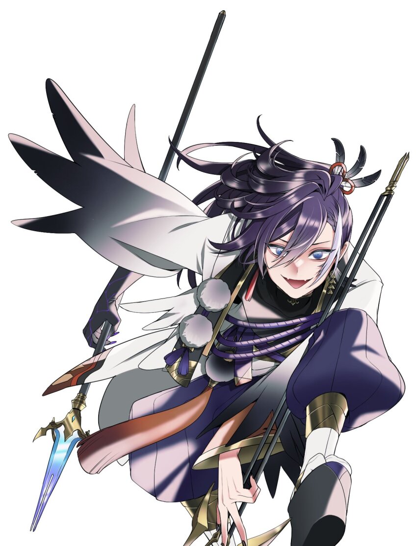 029jrr 1boy banzoin_hakka banzoin_hakka_(1st_costume) bishounen black_nails black_skin blue_eyes colored_skin dual_wielding earrings fangs feather_earrings feather_hair_ornament feathers hair_between_eyes hair_ornament hakama high_ponytail highres holding holding_polearm holding_weapon holostars holostars_english japanese_clothes jewelry long_hair long_sleeves looking_at_viewer male_focus multicolored_hair multicolored_skin open_mouth polearm ponytail purple_hair purple_hakama sandals skin_fangs smile spear streaked_hair tassel tassel_earrings virtual_youtuber weapon white_background white_hair