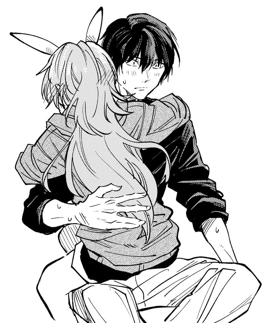 1boy 1girl absurdres animal_ears blush greyscale hair_between_eyes hetero highres hug kudou_makoto long_hair looking_ahead monochrome original pants rabbit_ears shorts sitting sitting_on_lap sitting_on_person surprised sweatdrop sweater very_long_hair white_background