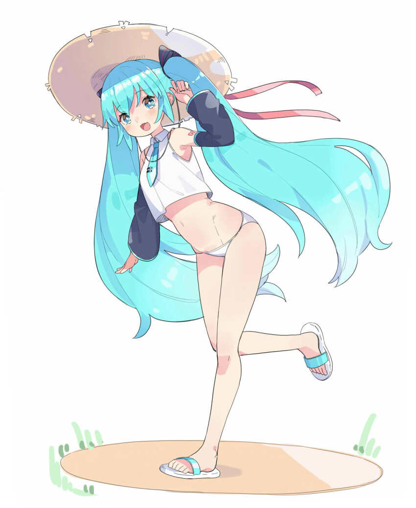 1girl aqua_eyes aqua_necktie black_sleeves commentary_request detached_sleeves fang full_body grass hat hatsune_miku highres large_hat long_hair long_ribbon midriff navel necktie open_mouth pa._(tatuya28001) panties red_ribbon ribbon sand sandals simple_background smile solo straw_hat swimsuit tank_top twintails underwear very_long_hair vocaloid walking white_background white_panties white_sandals white_tank_top