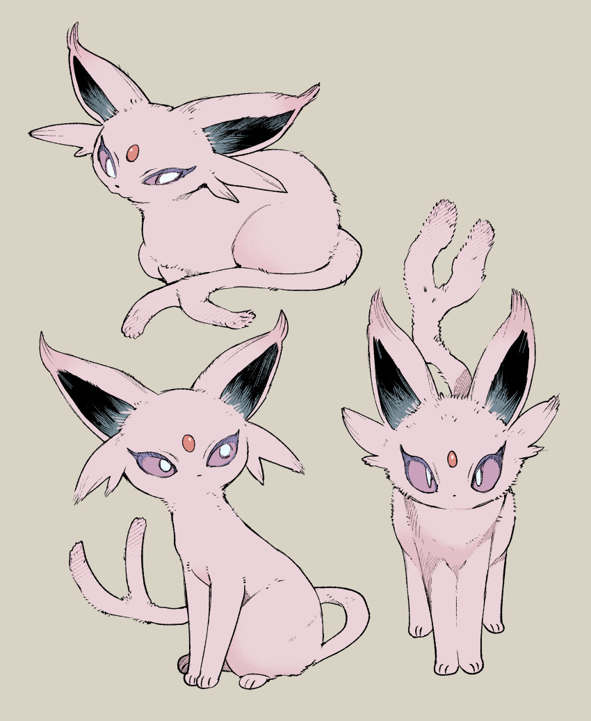 absurdres colored_sclera espeon forehead_jewel forked_tail gem gen_2_pokemon grey_background highres looking_at_viewer looking_to_the_side multiple_views newo_(shinra-p) nintendo no_mouth pokemon pokemon_(creature) pokemon_focus purple_fur purple_sclera red_gemstone simple_background sitting standing tail white_eyes