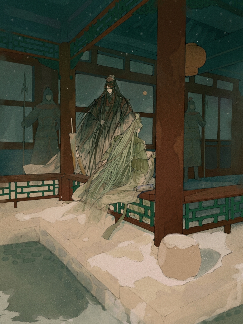 4boys 4k123 architecture armor black_hair black_hanfu chinese_clothes closed_mouth east_asian_architecture feet_out_of_frame floating_hair from_behind green_hair green_hanfu hair_over_shoulder halberd hanfu helmet highres holding holding_scroll jinguang_budaixi lantern long_hair long_sidelocks looking_down male_focus mo_cangli multicolored_hair multiple_boys polearm reading red_hair scroll shangguan_hongxin sidelocks sitting soldier standing swept_bangs umbrella very_long_hair weapon wuxia xiao_guan_(headdress)