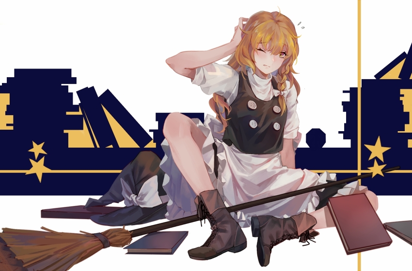 1girl ahoge apron black_boots black_hat black_vest blonde_hair book boots bow braid broom hair_bow hand_on_own_head hat hat_bow highres houraisan_chouko kirisame_marisa one_eye_closed side_braid single_braid sitting touhou unworn_hat unworn_headwear vest waist_apron witch_hat yellow_eyes