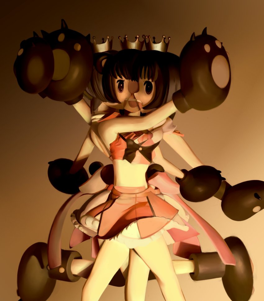 1girl abstract absurdres animal_hands bad_id bad_twitter_id bow brown_background brown_bow brown_eyes brown_hair claws conjoined crown extra_arms figure frilled_skirt frills gloves gradient_background highres midriff multiple_heads multiple_legs multiple_limbs paw_gloves paw_shoes pawpads pink_shirt pink_skirt shirt short_hair simple_background skirt smile ufoshock yuri_kuma_arashi yurishiro_ginko