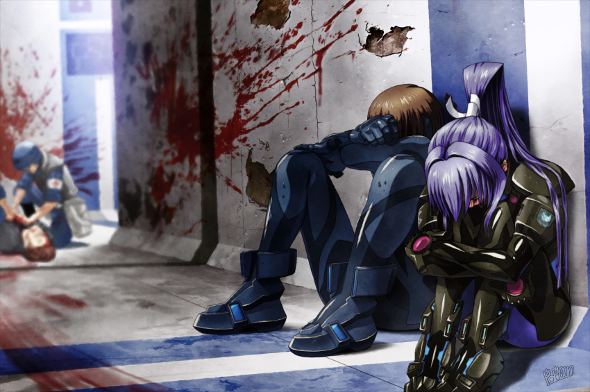 1boy 1girl 3boys blood blood_on_wall blood_splatter blue_gloves blue_hair blue_pants blue_shirt boots brown_hair bulletproof_vest clenched_hand gloves highres hugging_own_legs long_hair mecha_pilot_suit mitsurugi_meiya multiple_boys muv-luv muv-luv_alternative pants ponytail popgun_(22882502) shadow shirogane_takeru shirt sitting traumatized