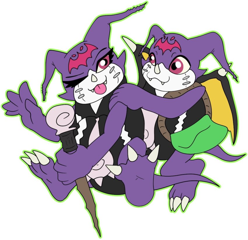1boy 1girl claws digimon digimon_(creature) highres petitmamon simple_background tail white_background wings