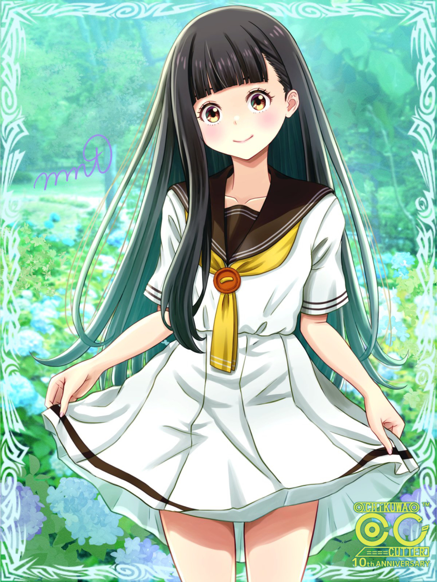 1girl black_hair blush brown_eyes brown_sailor_collar brown_serafuku closed_mouth collarbone commentary_request cowboy_shot dress flower forest highres hydrangea long_hair looking_at_viewer make_heroine_ga_oo_sugiru! manato nature neckerchief nukumizu_kaju outdoors sailor_collar sailor_dress school_uniform serafuku short_sleeves signature skirt_hold white_dress yellow_neckerchief