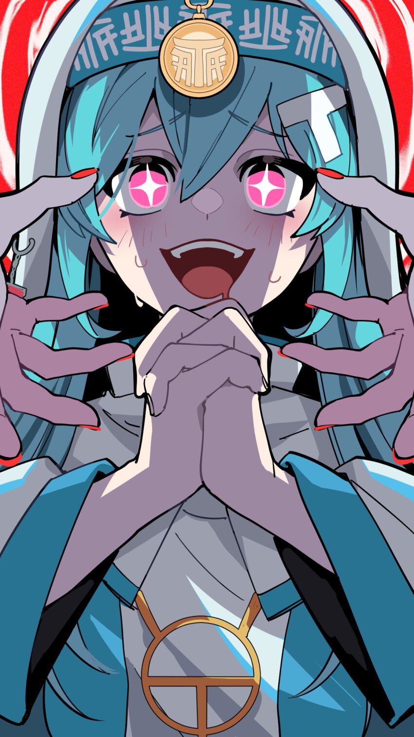 +_+ 1girl blue_hair blue_trim blush crazy_smile drooling fangs hair_between_eyes hair_ornament hat hatsune_miku highres hypnosis jewelry letter_hair_ornament long_hair looking_at_viewer mind_control nail_polish nekoma_hikaru open_mouth own_hands_clasped own_hands_together pendant pink_eyes pov praying red_eyes red_nails robe smile solo sweat symbol-shaped_pupils t-shi_no_hanashi_wo_shinjiru_na_(vocaloid) teeth tongue upper_body vocaloid white_robe